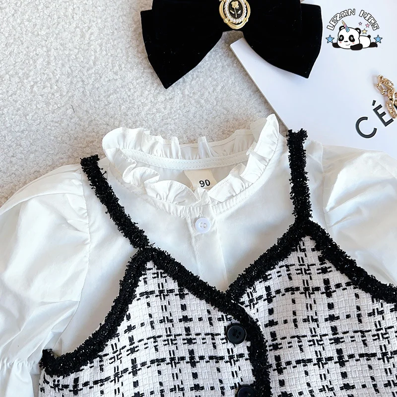 LEZONKIDS - 2023 spring girls shirt sling top  half skirt set  Black and white square grid girls clothing
